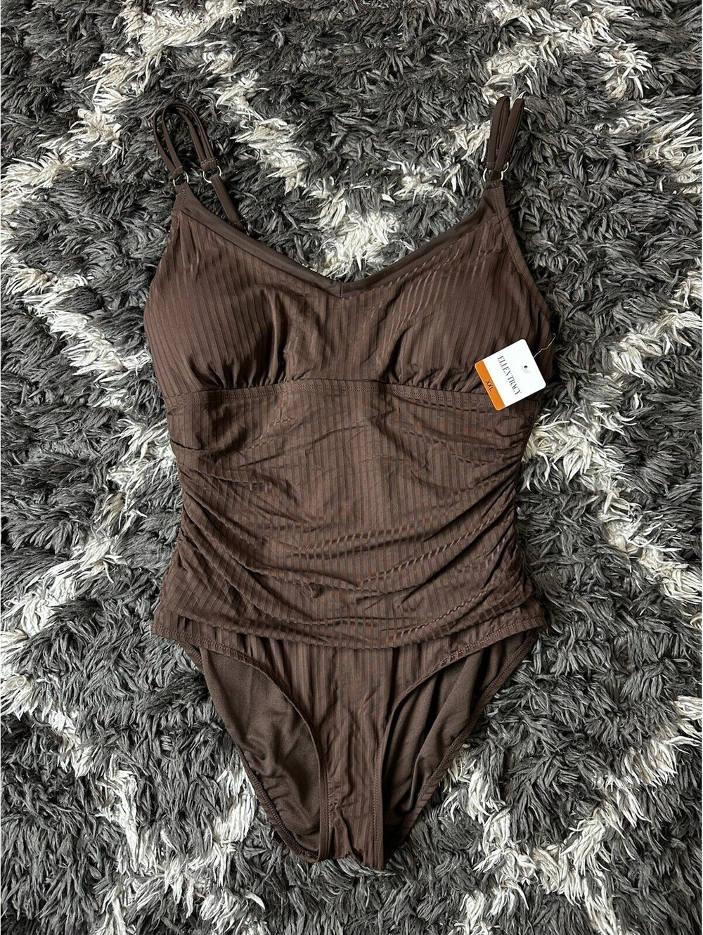 NWT Ellen Tracy Womens XXL Brown Ribbed One Piece Swimsuit Spaghetti Strap